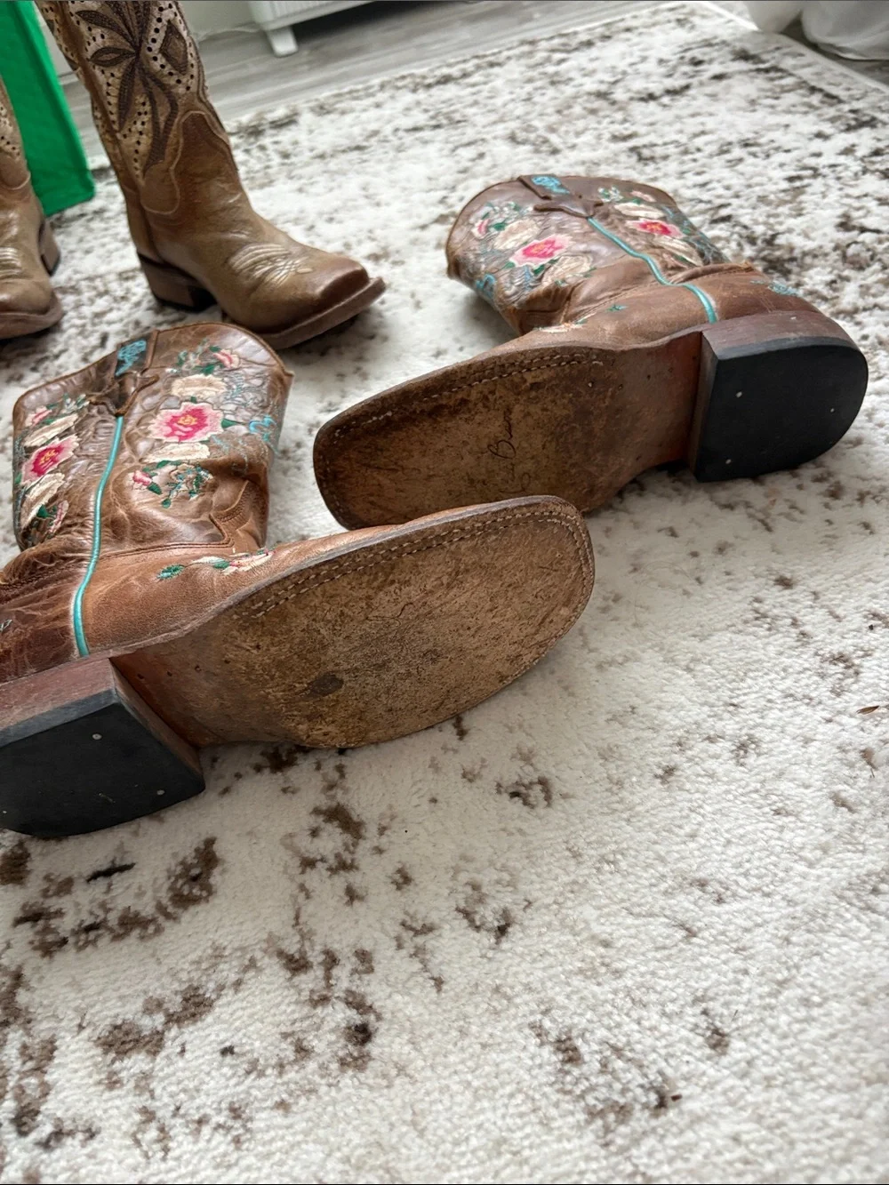 Macie Bean Brown Floral Embroidered Kids Cowboy Boots with Turquoise Trim